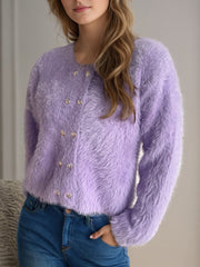 Heart Button Round Neck Cardigan - Trendsi