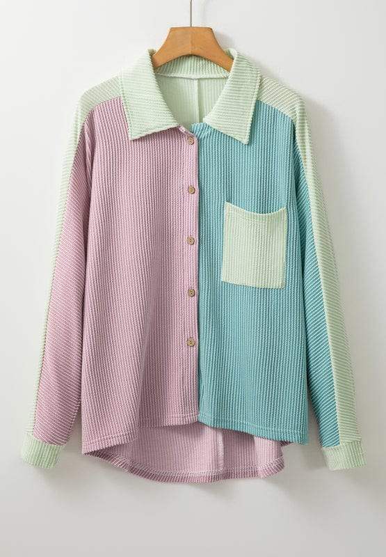 Color Block Corded Button Up Shacket - Trendsi - Flyclothing LLC