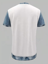 Denim Patchwork Short Sleeve Blouse - Trendsi - Flyclothing LLC