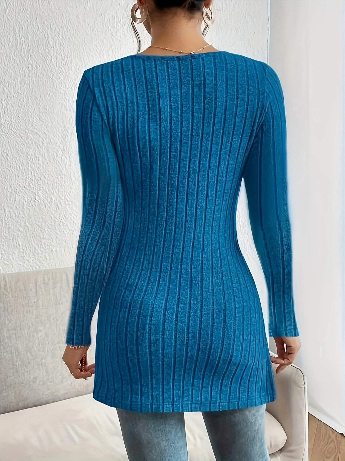 Slit Ribbed V-Neck Long Sleeve T-Shirt - Trendsi - Flyclothing LLC