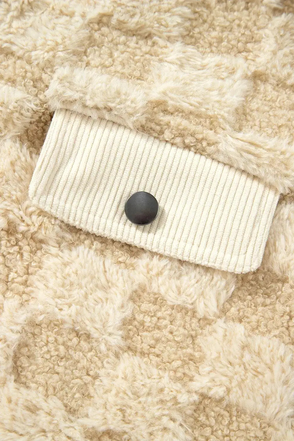 Plush Checkered Corduroy Trim Metal Button Long Sleeve Shift Silhouette Shacket - Trendsi - Flyclothing LLC