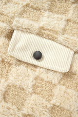 Plush Checkered Corduroy Trim Metal Button Long Sleeve Shift Silhouette Shacket - Trendsi - Flyclothing LLC