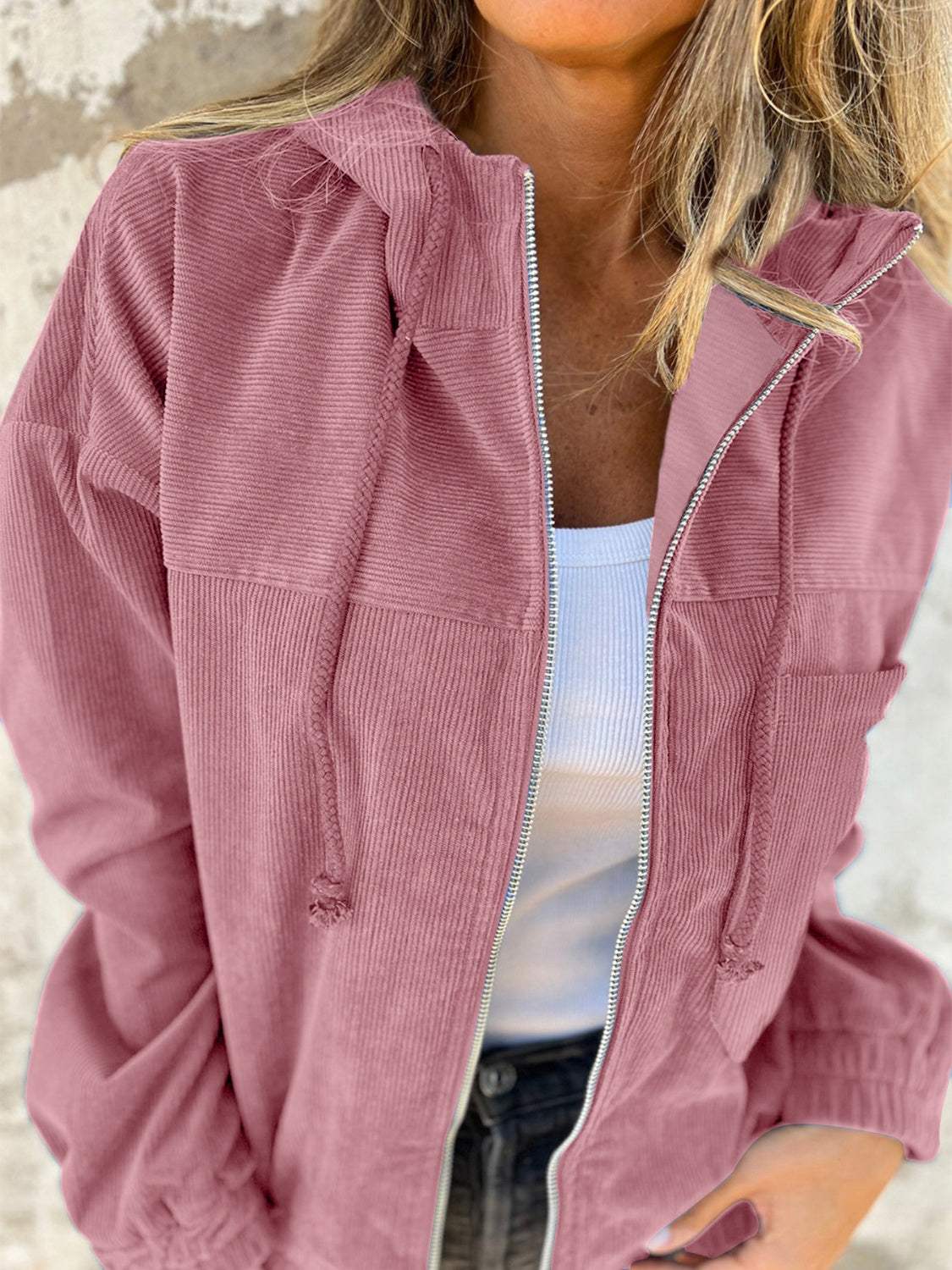 Drawstring Zip Up Long Sleeve Hooded Jacket - Trendsi - Flyclothing LLC