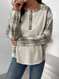 Perfee Plaid Half Button Long Sleeve T-Shirt - Trendsi