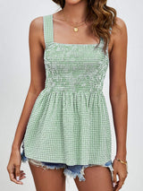 Smocked Plaid Square Neck Tank - Trendsi - Flyclothing LLC