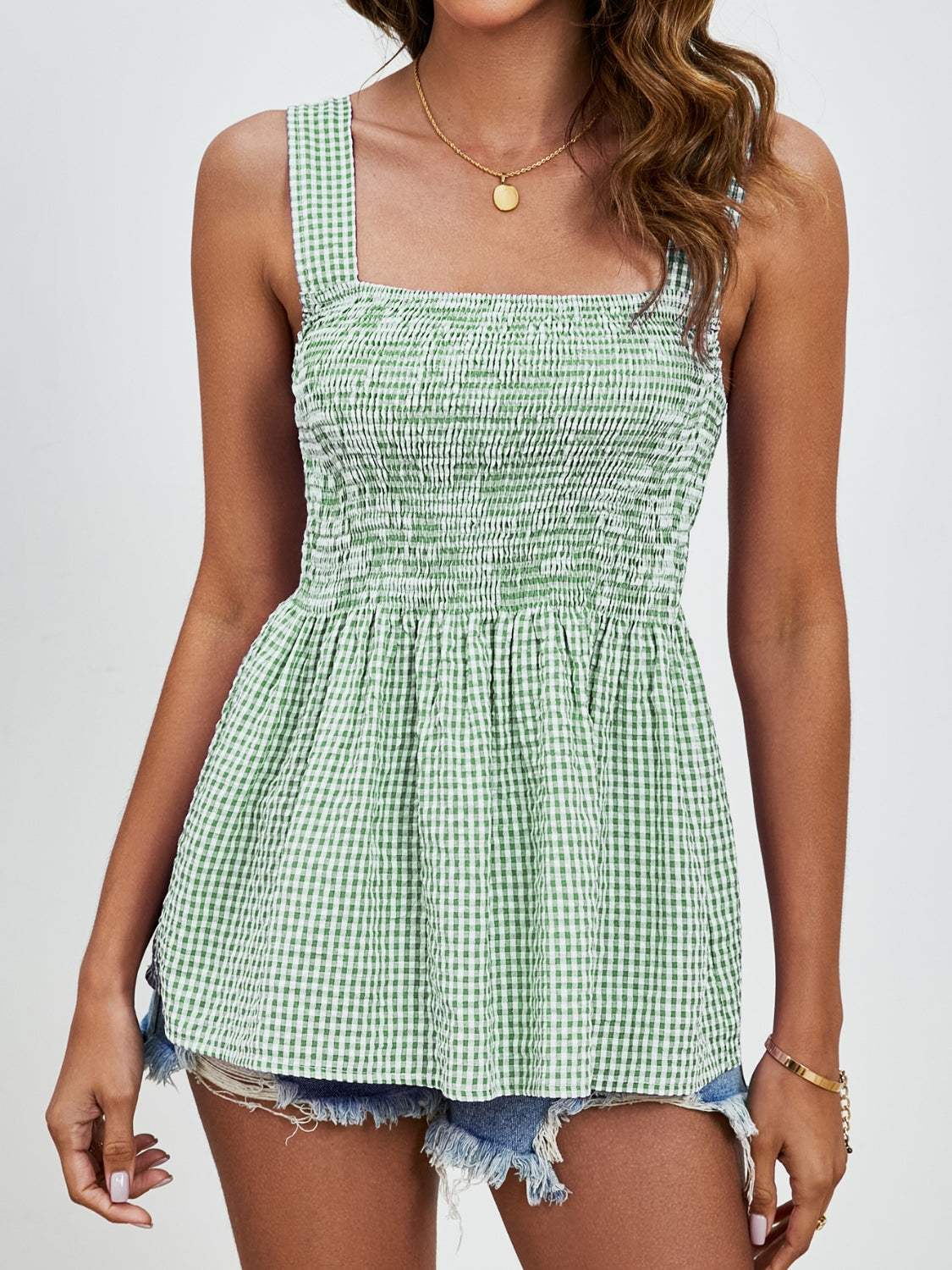 Smocked Plaid Square Neck Tank - Trendsi - Flyclothing LLC