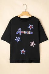 Sequined America Star Round Neck T Shirt - Trendsi - Flyclothing LLC