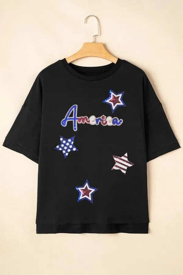 Sequined America Star Round Neck T Shirt - Trendsi - Flyclothing LLC