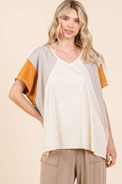 Mittoshop Color Block V-Neck Short Sleeve T-Shirt - Trendsi - Flyclothing LLC