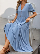 Notched Short Sleeve Tiered Midi Dress - Trendsi - Flyclothing LLC