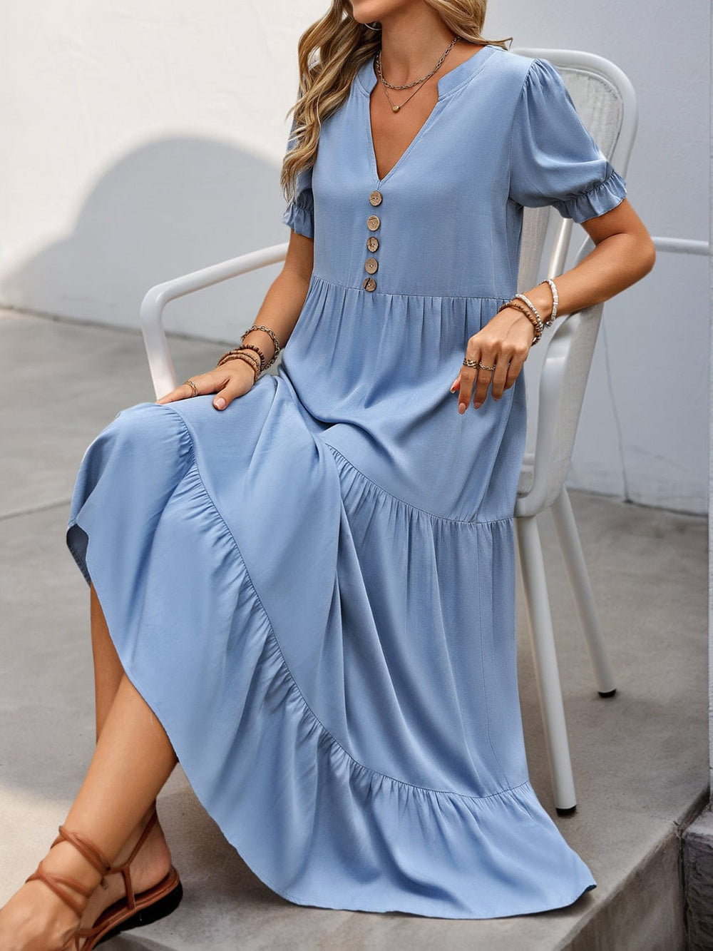 Notched Short Sleeve Tiered Midi Dress - Trendsi