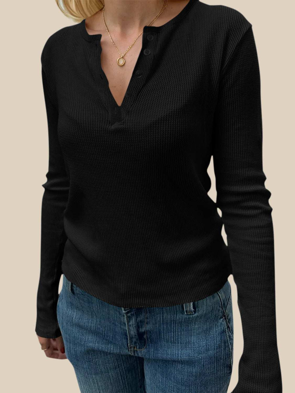 Devine Quarter Button Long Sleeve T-Shirt - Trendsi - Flyclothing LLC