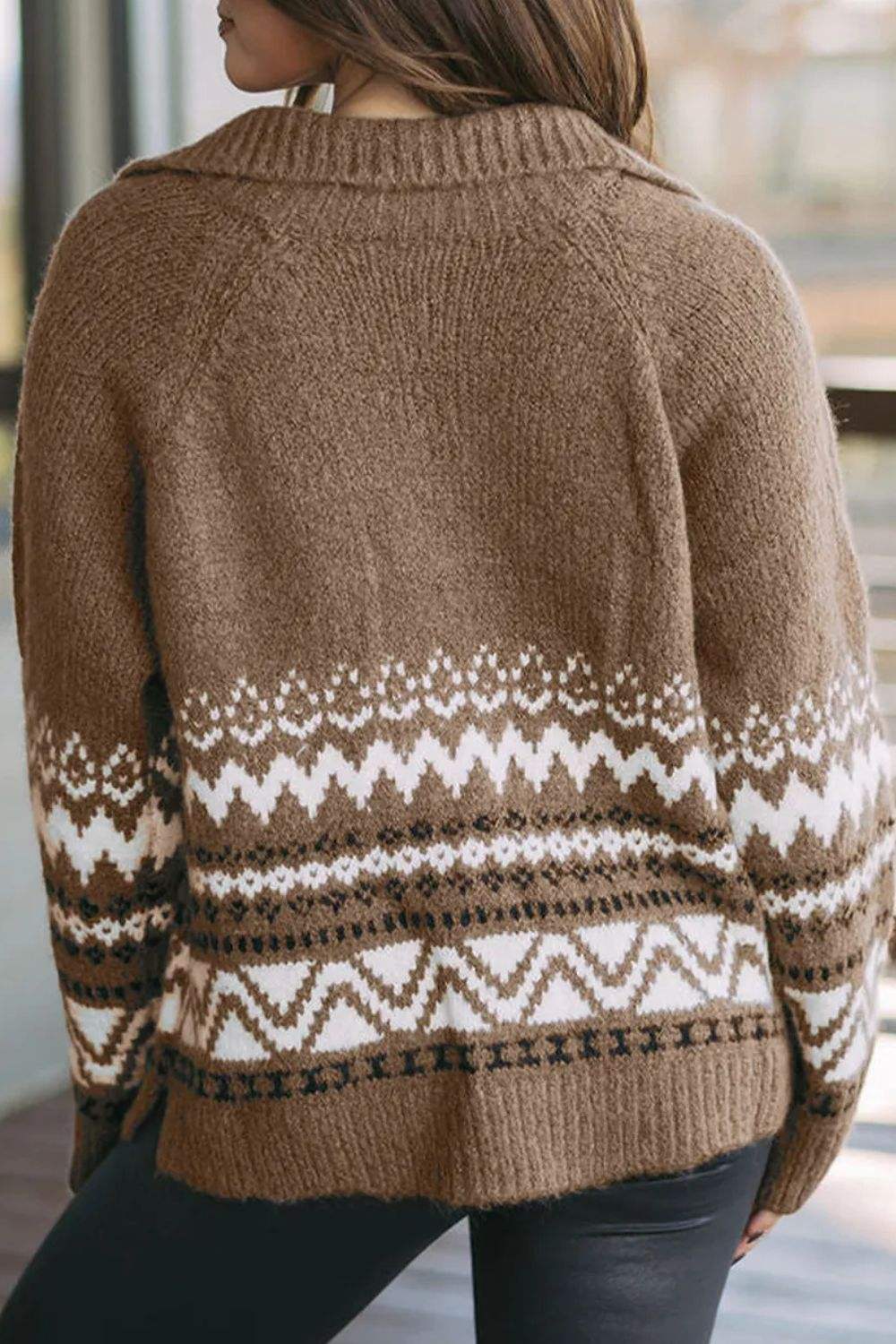 Zip Up Long Sleeve Geometric Cardigan - Trendsi - Flyclothing LLC