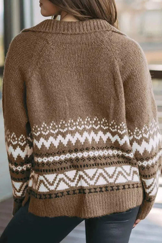 Zip Up Long Sleeve Geometric Cardigan - Trendsi - Flyclothing LLC