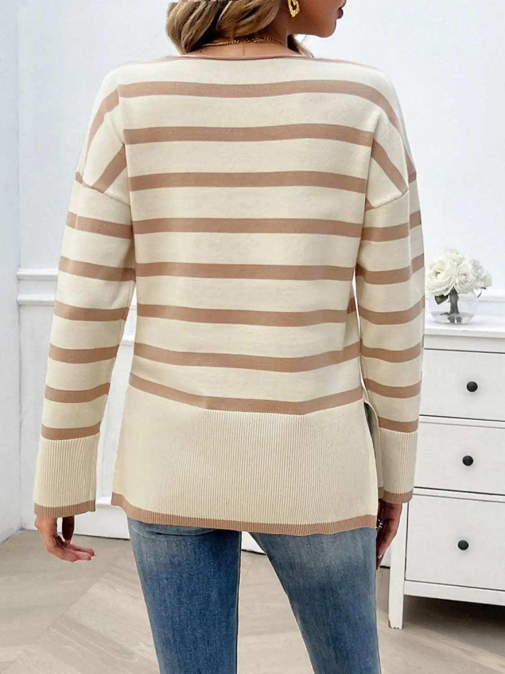 Striped V-Neck Long Sleeve Knit Top - Trendsi - Flyclothing LLC