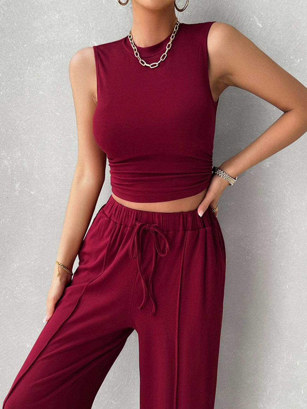 Mock Neck Sleeveless Top and Drawstring Pants Set - Trendsi - Flyclothing LLC