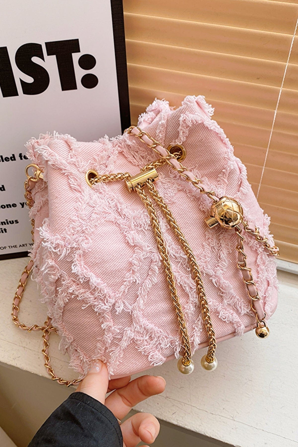 Chain Drawstring Raw Edge Denim Bucket Bag - Trendsi