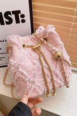 Chain Drawstring Raw Edge Denim Bucket Bag - Trendsi