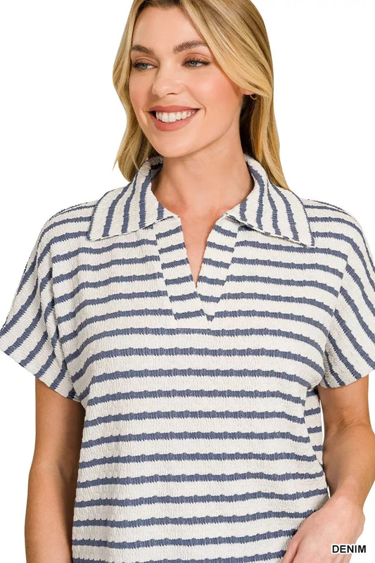 Zenana Striped Split Neck Collared Top - Trendsi - Flyclothing LLC