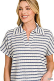 Zenana Striped Split Neck Collared Top - Trendsi - Flyclothing LLC