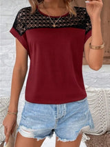 Contrast Lace Round Neck Short Sleeve Blouse - Trendsi - Flyclothing LLC