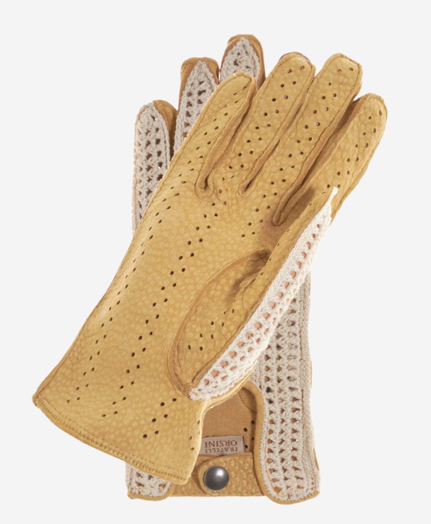 CA4620 (tan) - Women’s Italian crochet and carpincho leather driving gloves - Leather Gloves Online - Flyclothing LLC