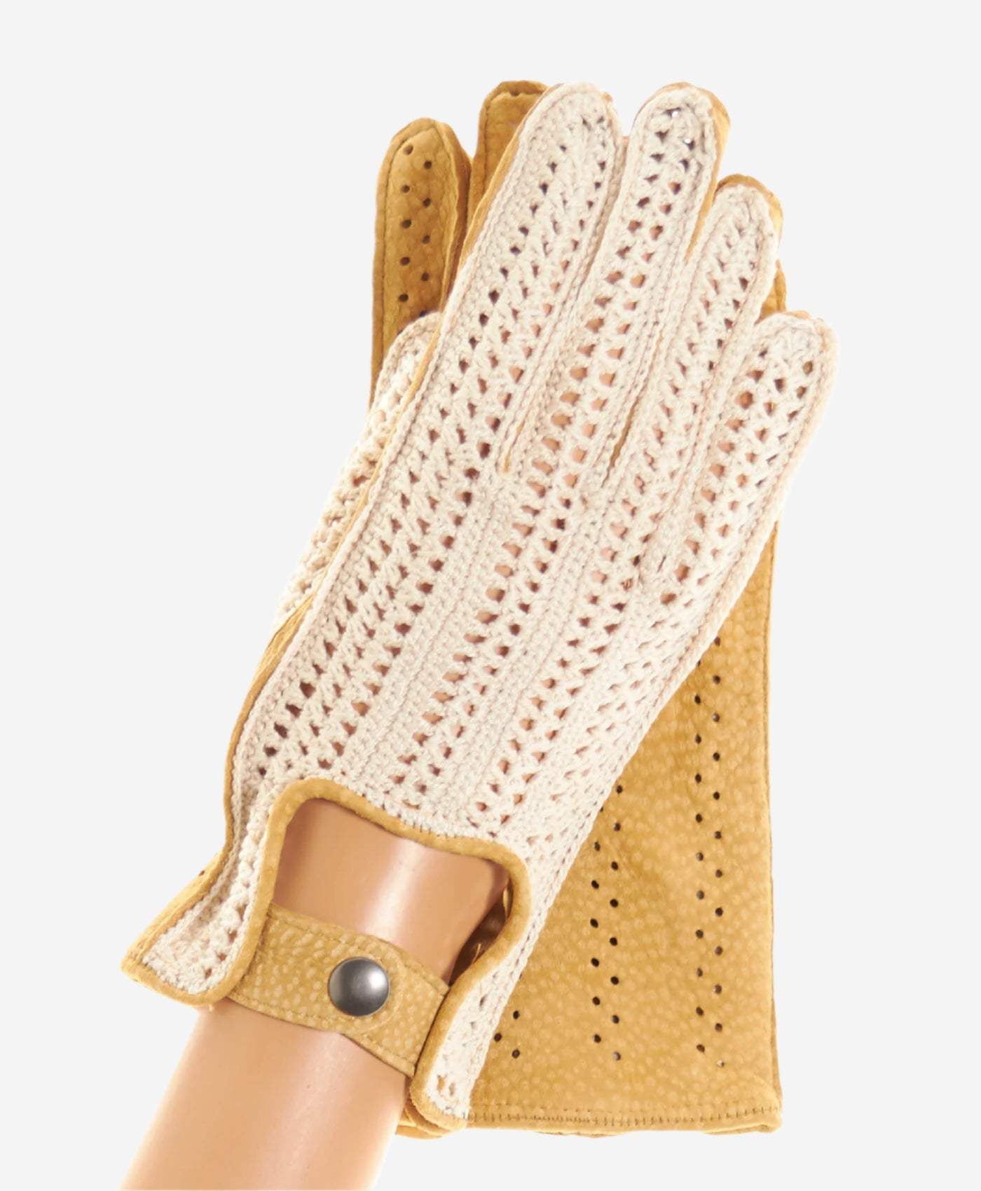 CA4620 (tan) - Women’s Italian crochet and carpincho leather driving gloves - Leather Gloves Online - Flyclothing LLC