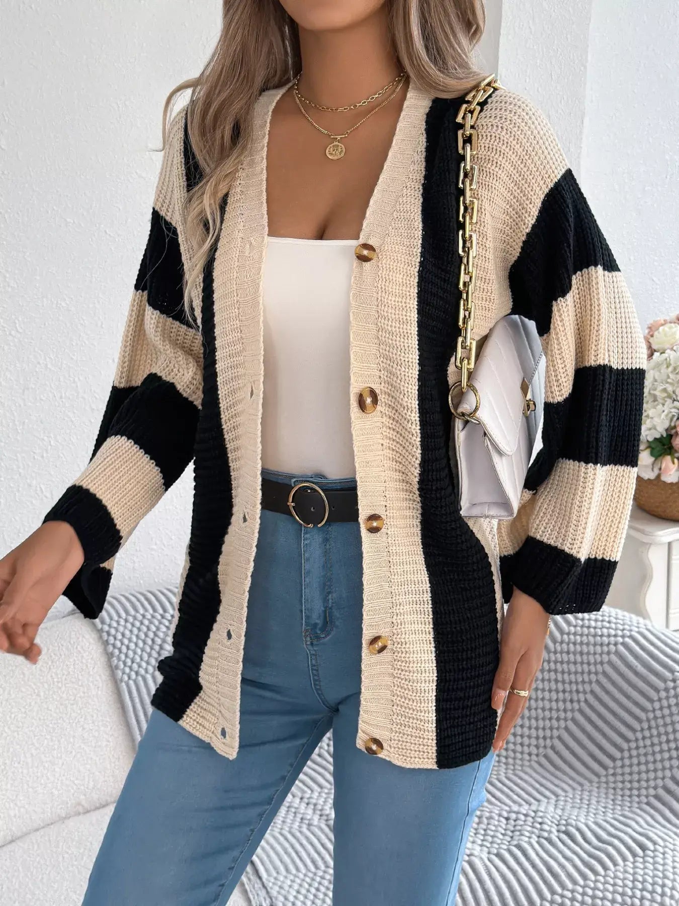Color Block Button-Up Cardigan - Trendsi - Flyclothing LLC