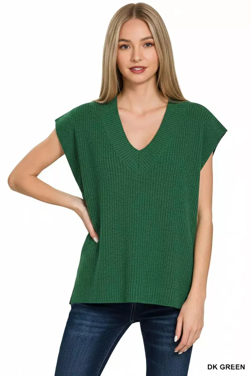 Zenana Ribbed Slit V-Neck Sweater Vest - Trendsi - Flyclothing LLC
