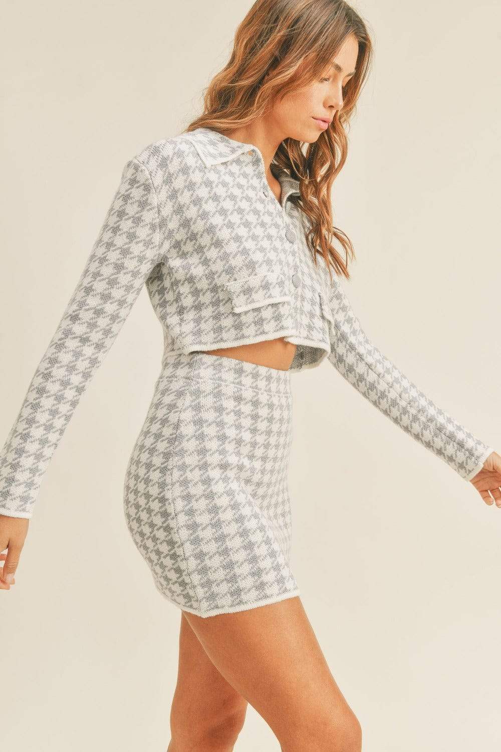 MABLE Houndstooth Cropped Knit Cardigan and Mini Skirt Set - Trendsi - Flyclothing LLC