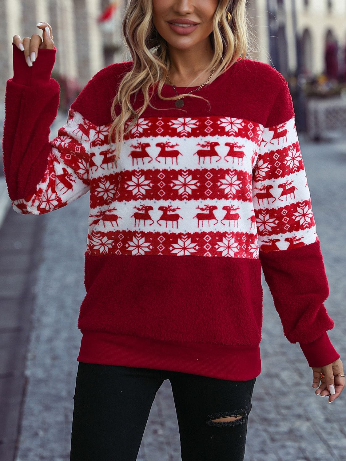 Christmas Element Round Neck Long Sleeve Sweatshirt - Trendsi