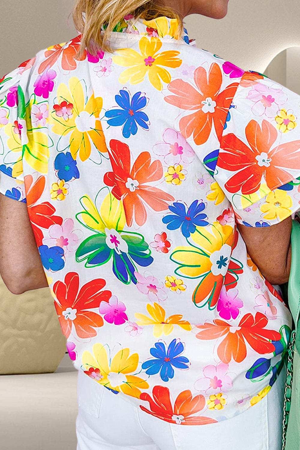 Ruffled Printed Notched Cap Sleeve Blouse - Trendsi - Flyclothing LLC