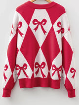 Bow Print 2-Tone Rhombus Knit Loose Sweater - Trendsi - Flyclothing LLC