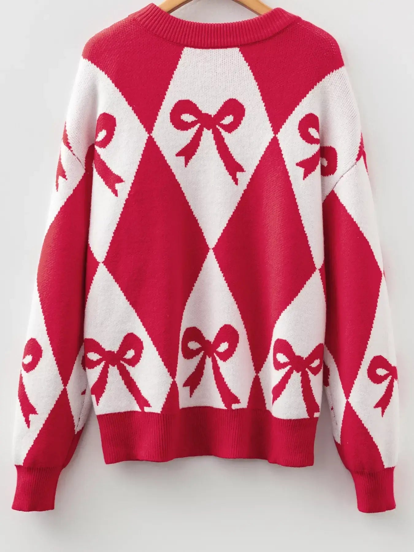 Bow Print 2-Tone Rhombus Knit Loose Sweater - Trendsi - Flyclothing LLC