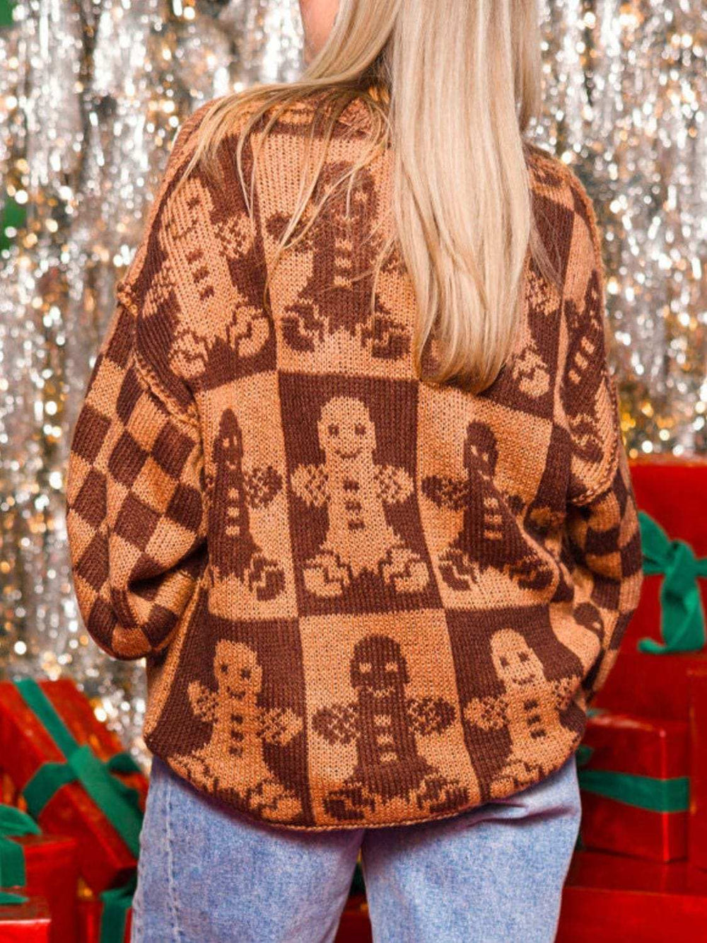Gingerbread Man Round Neck Drop Shoulder Sweater - Trendsi - Flyclothing LLC