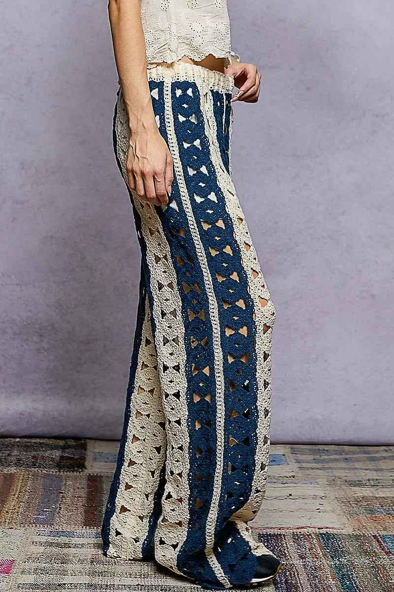 POL Openwork Wide Leg Pants with Stripe Detail - Trendsi - Flyclothing LLC