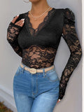 Perfee Lace V-Neck Long Sleeve Bodysuit - Trendsi