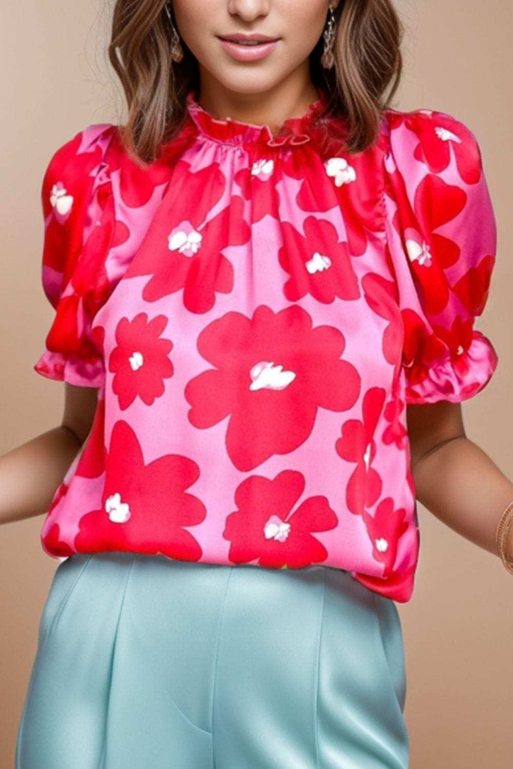 Ruffled Printed Mock Neck Short Sleeve Blouse - Trendsi - Flyclothing LLC