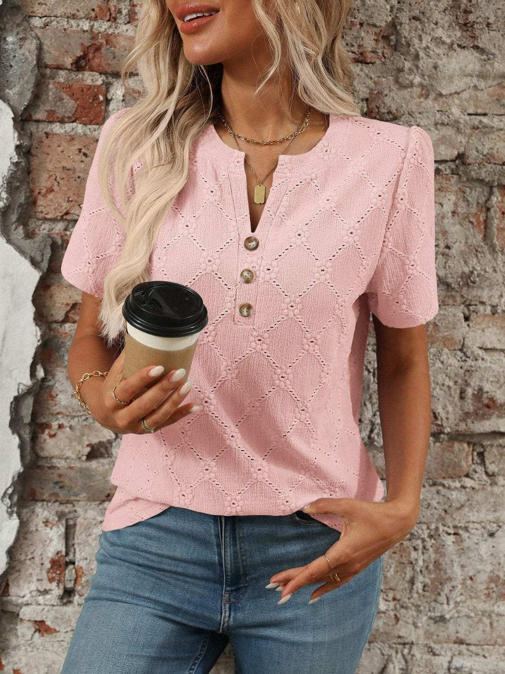 Eyelet Notched Short Sleeve Top - Trendsi - Flyclothing LLC