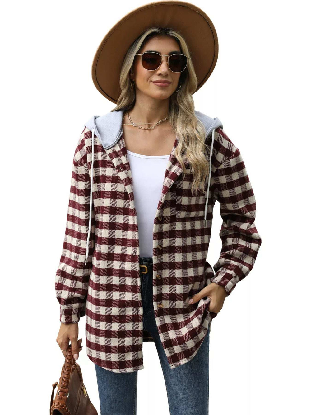 Plaid Button Up Long Sleeve Drawstring Hooded Jacket - Trendsi - Flyclothing LLC