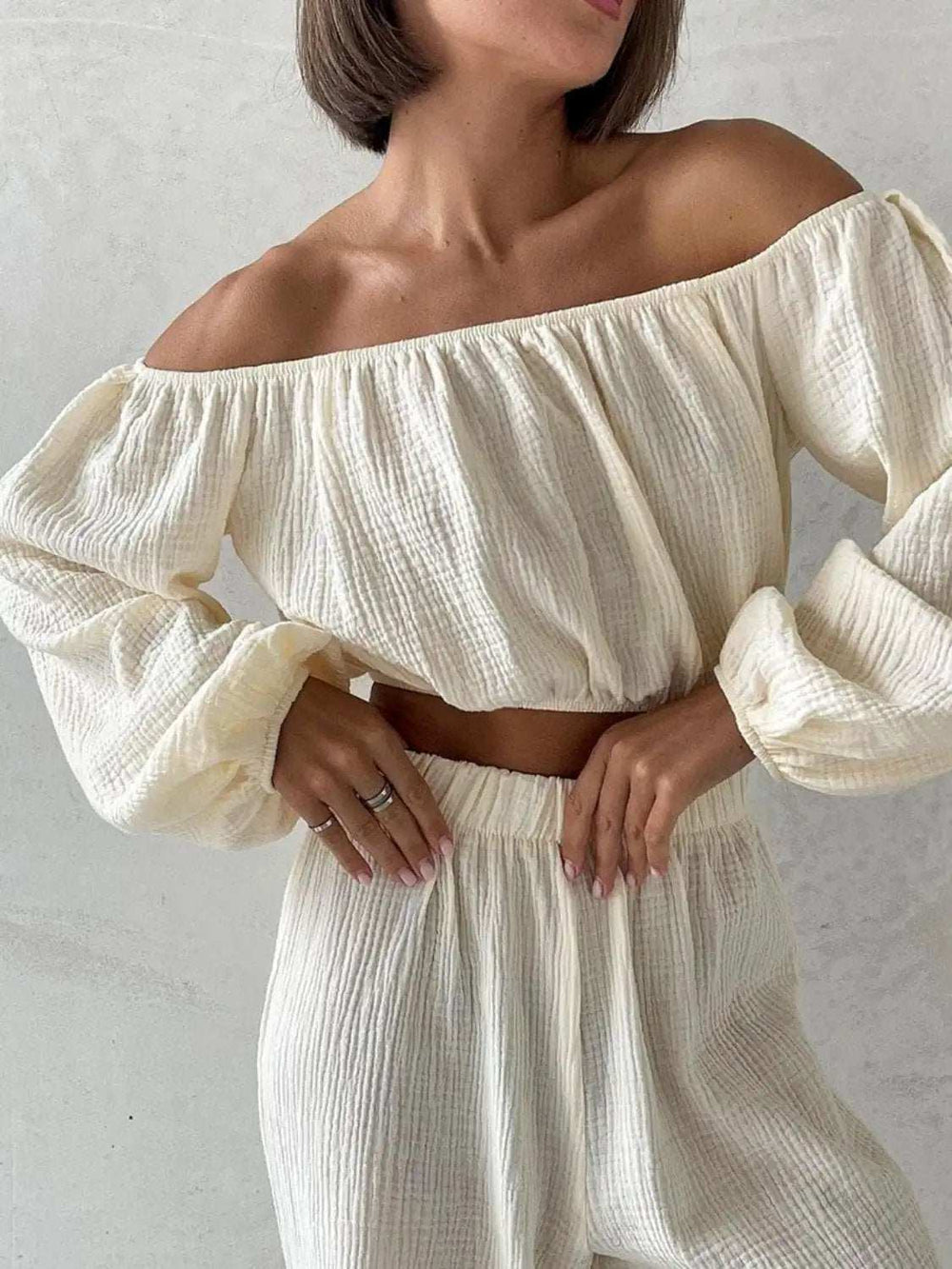 Off Shoulder Long Sleeve Top and Pants Set - Trendsi - Flyclothing LLC