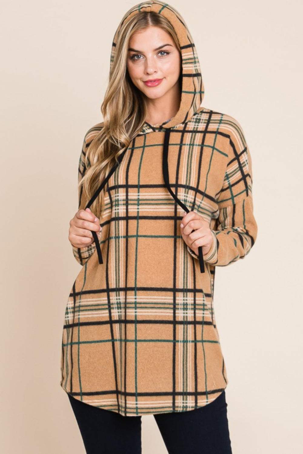 BOMBOM Drawstring Plaid Long Sleeve Hoodie - Trendsi - Flyclothing LLC