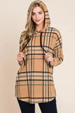 BOMBOM Drawstring Plaid Long Sleeve Hoodie - Trendsi