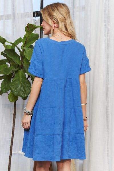 ADORA Tiered Notched Short Sleeve Dress - Trendsi - Flyclothing LLC