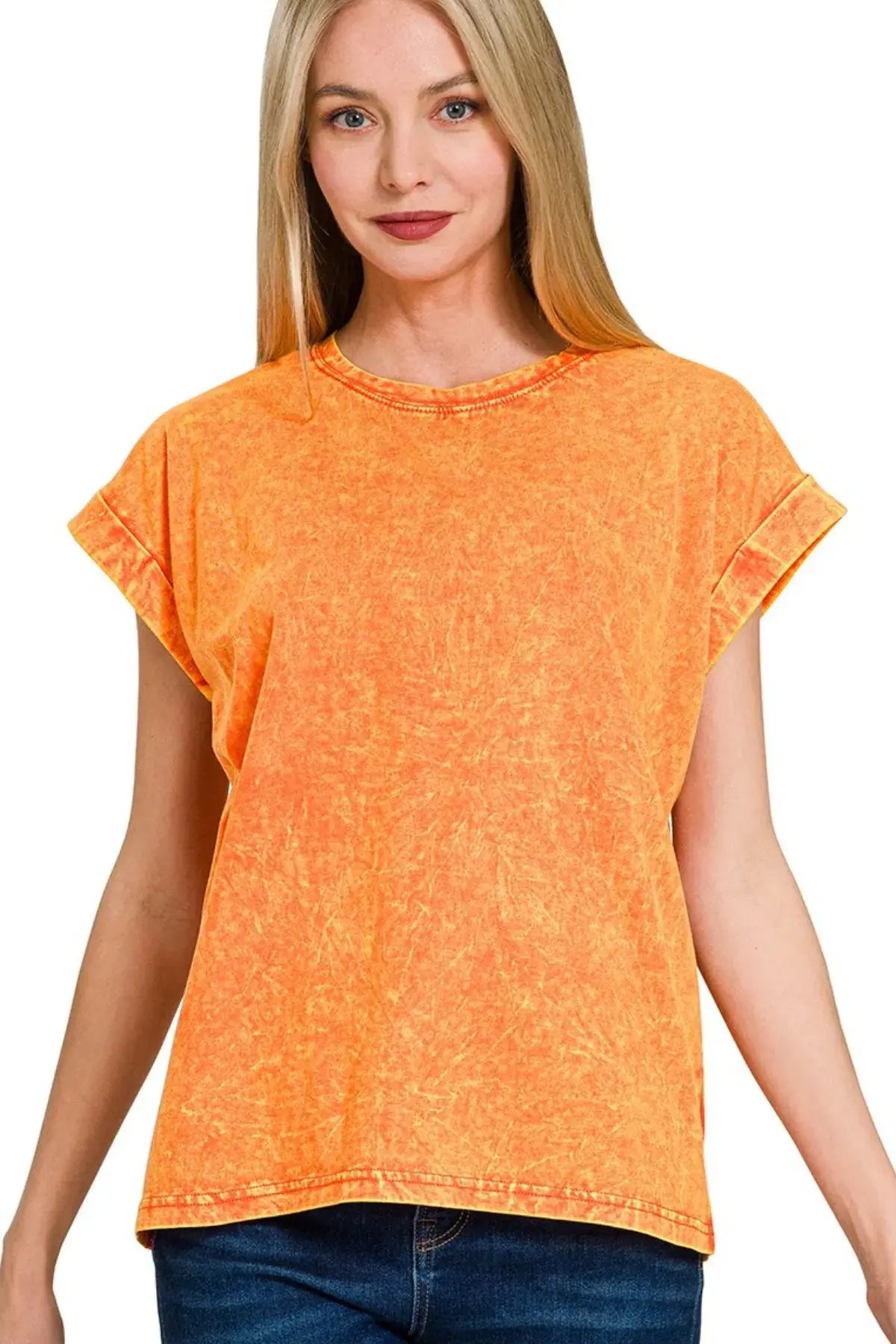 Zenana Crinkle Washed Round Neck Folded Short Sleeve Tee - Trendsi - Flyclothing LLC