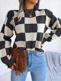 Checkered Mock Neck Long Sleeve Sweater - Trendsi