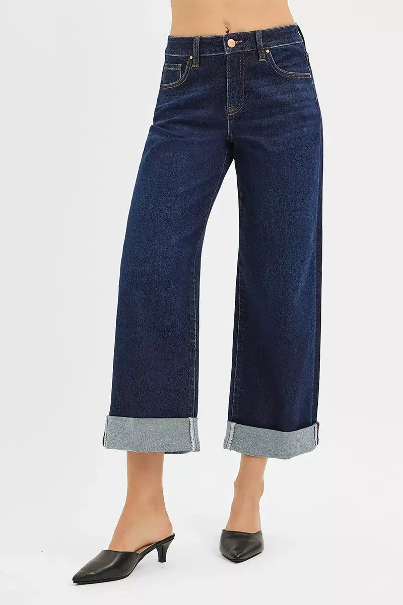RISEN Mid Rise Fit Ankle Wide Roll Up Jeans - Trendsi - Flyclothing LLC