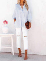Striped Collared Neck Long Sleeve Shirt - Trendsi - Flyclothing LLC