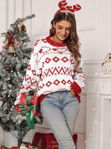 Perfee Contrast Geometric Round Neck Long Sleeve Sweater - Trendsi - Flyclothing LLC