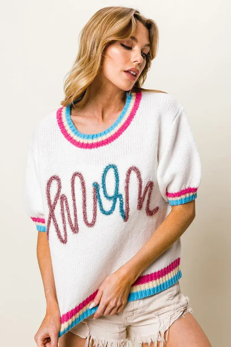 BiBi Metallic Letter Short Puff Sleeve Sweater - Trendsi - Flyclothing LLC